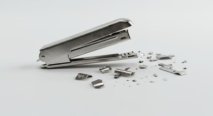 Poster - Fragmented Silver Stapler Shattered on a White Plane Symbolizing Damage Reuse and Recycle in a Clean Studio Setting Isolated for Ads Promotion Backdrop
