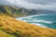 © Yurii Semonov - Golden Wild Grasses Sway on Coastal Hillside Beneath Dramatic Clouds