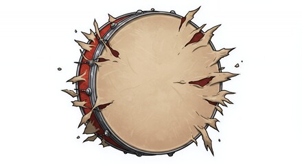Poster - Ripped and Torn Drum with Pierced Skin Isolated Against White Background A Symbol of Silence After Final Thunderous Beat Ideal for Advertising and Promotion