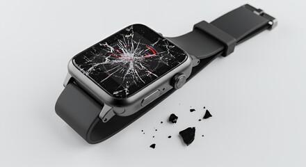 Poster - Shattered Black Smart Watch Displaying Extensive Screen Damage Isolated Against a Clean White Studio Background Perfect for Demonstrating Technology Repair and Recycling Concepts