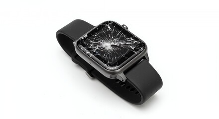 Poster - Shattered Black Smart Watch Isolated on White Background Displaying Screen Damage Indicating Repair in a Studio Clean and Minimal Style Perfect for Ads and Promotion