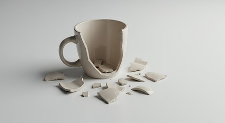 Poster - Shattered Ceramic Coffee Mug Broken Into Pieces on White Plane Representing Damage Reuse and Repair Isolated Against Clean Background