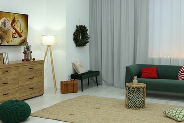 Aufkleber - Living room interior with stylish furniture and elegant curtains