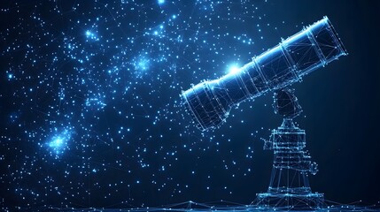 Poster - Futuristic telescope illustration against a starfield backdrop, perfect for conveying astronomical research and technological advancement. Abstract wireframe in dark blue.