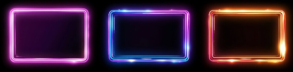 Poster - Vibrant neon rectangles are isolated on a transparent backdrop, depicted in a modern realistic style alongside frames suspended in clouds of smoke, a glowing magical gateway, and a teleportation door