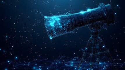 Poster - Futuristic telescope concept rendered in blue wireframe against a starry backdrop. A digital representation of astronomical observation, capturing a technological edge. Abstract wireframe in dark blue