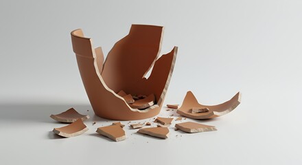 Poster - Shattered Terra Cotta Flower Pot Fragments Scattered on White Background Symbolizing Loss and Repair Against Seamless Backdrop