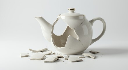 Poster - Shattered White Ceramic Teapot Broken Isolated Against Stark White Studio Background For Decoration Recycle Projects Or Ads Symbolizing Fragility