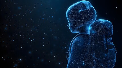 Aufkleber - Futuristic digital art of a child with a backpack, depicted in a wireframe style. Glowing dots accentuate the lines, set against a dark backdrop. Abstract wireframe in dark blue