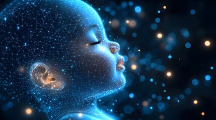 Poster - A serene digital baby face, rendered with a glowing blue network. Its closed eyes and peaceful expression evoke tranquility, innocence, and a futuristic aesthetic. Abstract wireframe in dark blue.