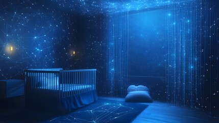 Fototapete - A dreamlike nursery bathed in soft blue light, featuring a crib, constellation patterns, and ethereal glow. Perfect for themes of new beginnings and imagination. Abstract wireframe in dark blue