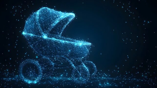 Futuristic baby carriage crafted in a wireframe style against a dark blue backdrop. Glowing dots enhance the ethereal atmosphere. Perfect for tech-themed designs. Abstract wireframe in dark blue