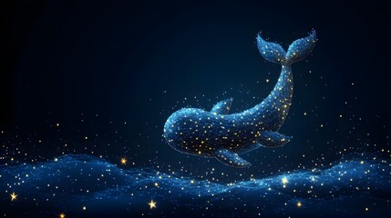 Poster - Digital whale art featuring a low-poly design with blue lines and yellow dots against a dark blue background. A matching wave and scattered stars complete the scene. Abstract wireframe in dark blue.