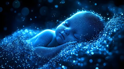 Aufkleber - A sleeping baby is depicted in a blue wireframe mesh, set against a dark background with glowing blue particles and bokeh. It's a futuristic dream, Abstract wireframe in dark blue