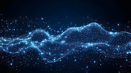 Poster - A luminous network of nodes interconnected by soft blue lines creates a topographical or neural map. The undulation suggests depth, set against a dark backdrop. Abstract wireframe in dark blue.