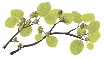 Spring branch with young leaves and catkins