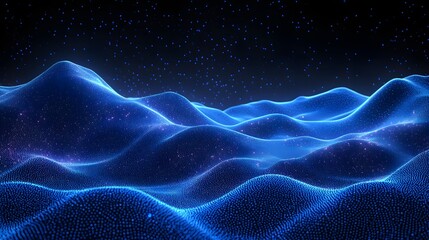 Poster - Abstract digital landscape with glowing blue dots forming wavy terrain under a starlit sky. Purple highlights add depth to this data visualization. Abstract wireframe in dark blue.