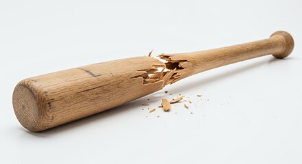 Poster - Split Wooden Baseball Bat Displaying Game Loss and Wood Splinter Detail on Clean White Background Isolated for Sports or Symbolic Use