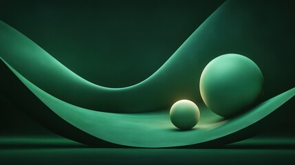 Poster - Abstract green waves and spheres; modern design concept, minimal background for product display