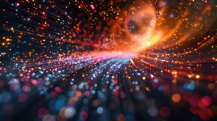 Poster - Futuristic digital tunnel with glowing particles. Neon and electric colors creating a sense of depth. Background of explosive scene in space with glowing star. Background for wallpaper, print. AIG53.