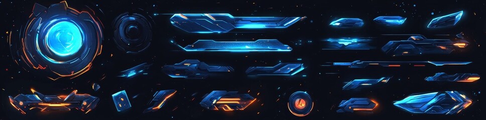 Poster - Futuristic frames that glow in neon blue are set against a dark background, and feature geometric tech designs incorporating oval, asymmetric polygon, round, and rhombus shapes for use in cyberpunk