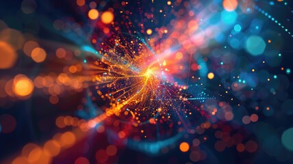 Poster - Abstract cosmic explosion with bright lights and particles on dark background. Digital artwork of explosion scene in space or galaxy with bright starry sky and planet. Star field concept. AIG53.