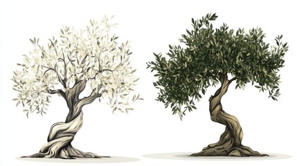 Two olive trees, twisted trunks, white & green foliage, isolated on white, for design
