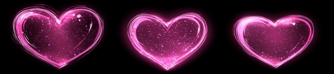 Poster - A collection of neon pink heart shapes featuring an assortment of glowing effects, including sparkling star dust, luminous outline, radiant burst, and gleaming lines, all set against a transparent