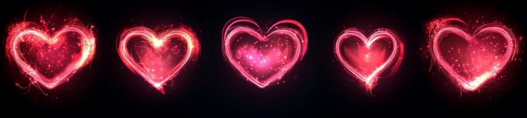 Poster - A romantic Valentine's Day decoration features a collection of neon pink heart shapes accompanied by various glowing effects, including sparkling star dust, luminous outline, radiant burst, and