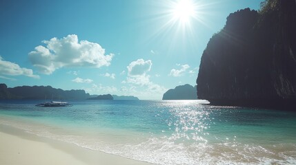 Poster - Bright sun shining over sparkling turquoise water on a tropical beach