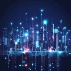 Aufkleber - Futuristic city skyline, digital connections, glowing at night, technological advancement, website banner