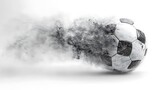 A grayscale soccer ball with smoke and motion blur.
