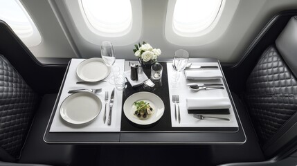 Poster - First-class airplane seat with fine dining setup and large window views