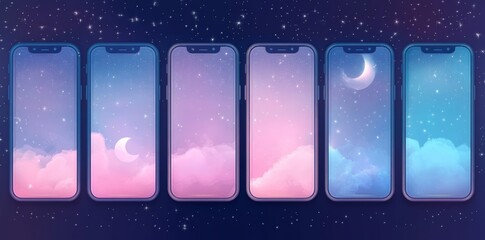 Poster - The Y2k gradient frame set features rectangular backgrounds and arched window shapes in soft pastel colors, including pink, purple, and blue hues, accompanied by glowing auras and sparkles