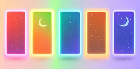 Poster - The Y2k gradient frame set consists of rectangular backgrounds, arched window shapes in pastel colors, including pink, purple, and blue, and features glowing auras, sparkles, trendy retro borders,