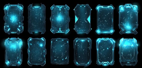 Poster - Futuristic neon blue glow emanates from cyberpunk hud frames and panels, comprising geometric shapes that form high-tech screens displaying lines and squares