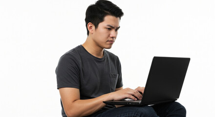 Focused male programmer with laptop - white background