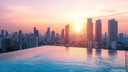 Poster - Rooftop infinity pool at a luxury hotel overlooking a glittering city skyline