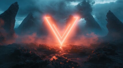 Poster - Glowing neon V sign in dark dramatic moody landscape. Background foggy mountains. Possibly used for sci-fi art