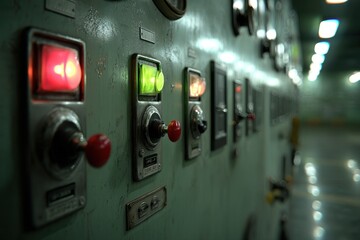 Poster - A close-up view of an industrial control panel with switches, buttons, and indicator lights, suggesting complex machinery and technological operation, green color.
