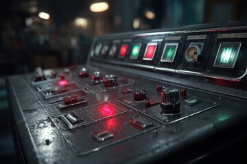 Poster - A detailed view of a vintage control panel with illuminated buttons and dials, evoking a sense of industrial technology and retro design with focus on the details.