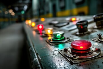 Poster - Close up view of a vintage industrial control panel with glowing buttons, knobs and lights displaying various states and functions on the old machinery.