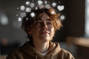 Poster - A thoughtful young woman surrounded by digital icons representing communication, creativity, and ideas, symbolizing modern lifestyle and connection.