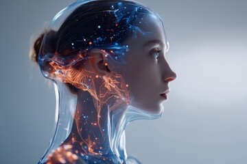 Poster - A conceptual image showcasing artificial intelligence and human augmentation, with a profile view of a woman with digital interfaces, highlighting futuristic technology.