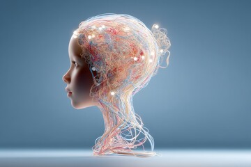 Poster - A conceptual 3D render of a woman's head with intricate network of lights representing neural connections and data flow within the human brain, showcasing innovation.