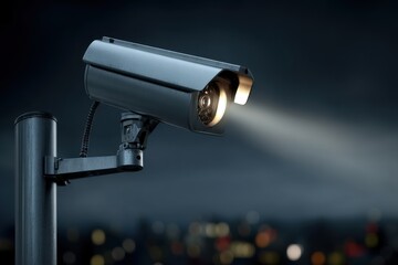 Poster - Security camera scanning a night city skyline, providing surveillance and safety, keeping an eye on the urban environment with advanced technology.