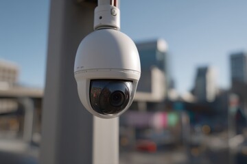 Poster - A close-up of a high-tech surveillance camera overlooking the urban cityscape, ensuring public safety and security in the modern digital age with advanced technology.