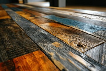 Poster - close-up of a rustic wooden floor made of reclaimed planks showing unique grain and color variations