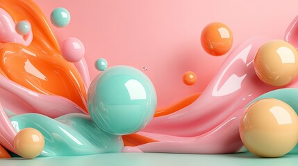 Poster - Abstract Pastel Color Liquid Swirls with Glossy Spheres Modern Artistic Background Design Elegant Smooth Fluid Shapes Vivid Hues Creative Digital Illustration Trendy Pastel Color Palette Bright Summer