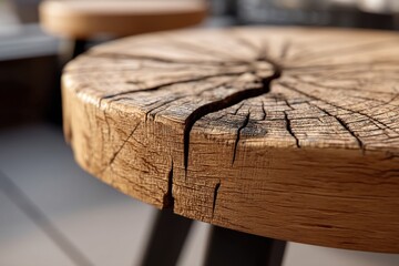 Poster - A closeup of a round wooden table top revealing the intricate patterns and cracks of the wood grain, highlighting the table's rustic charm and natural beauty.
